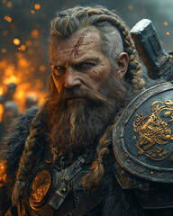 battle-hardened dwarf male warrior with braided hair and a scarred face in a fiery battlefield