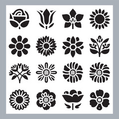 Set of logotype icons flowers Rose, Tulip, Orchid, Sunflower, Lily, Daisy, Daffodil, Jasmine, Lavender, Marigold, Peony, Chrysanthemum, Hibiscus, Poppy, Violet silhouettes in white background