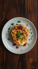 Delicious omelette with herbs and tomato on white plate resting on wooden table, perfect for breakfast or brunch