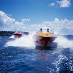 Fototapeta premium Speedboats racing across the shimmering blue water on a sunny day
