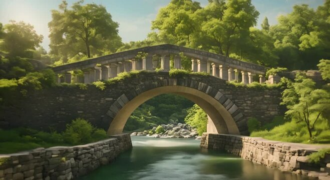 An old stone bridge over a river with green trees behind 4k animation
