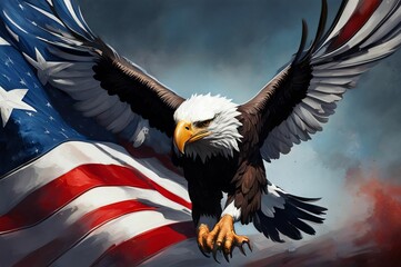 Naklejka premium Majestic bald eagle with American flag background symbolizing freedom and pride. Celebrate 4th of July. Majestic eagle displaying strength and freedom against the iconic American flag background