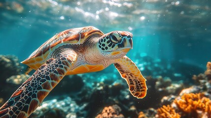 Fototapeta premium majestic sea turtle gliding through crystalclear tropical waters vibrant coral reef in background sunlight filtering through surface creates dappled patterns on turtles shell