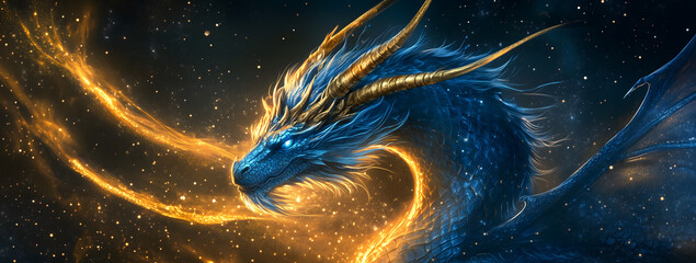 Naklejka premium Blue dragon with golden horns close-up of head glowing eyes background in space fantasy style