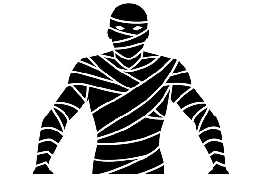 recommend clip art: Black silhouette of mummy. Halloween party. Isolated image of scary monster. Mummified zombie on white background. Vector illustration