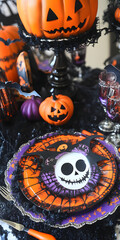 Fototapeta premium Festive Halloween Table Setting with Themed Decor