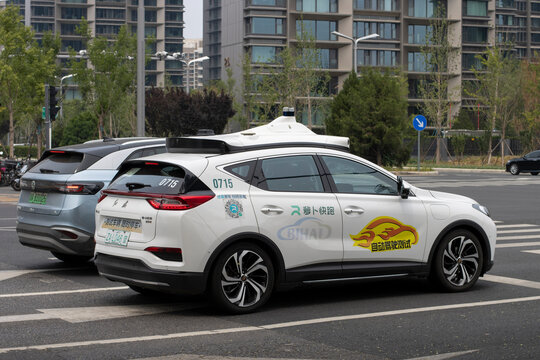 Beijing, China - July 11, 2024: Chinese tech giant Baidu's self-driving robotaxi, Luobo Kuaipao, is seen on the streets in Yizhuang, Beijing's Economic and Technological Development Area (BDA).