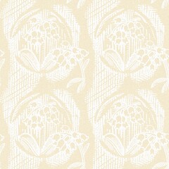 Modern white on cream lace effect wedding background texture. Soft tonal linen openwork block print with subtle hand drawn lattice damask printed fabric backdrop. 