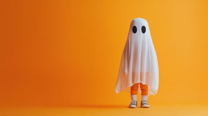 A child in a white ghost costume stands in front of an orange background
