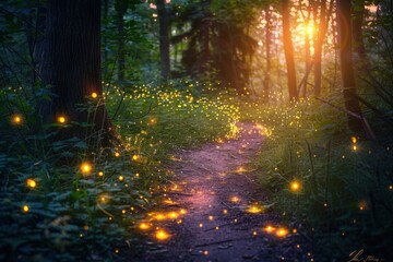 Obraz premium A forest path is lit up with fireflies, generative ai image