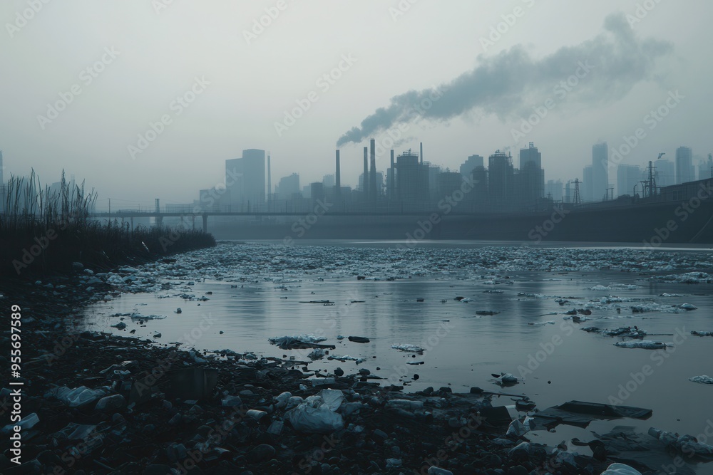 Poster a dense layer of smog envelops a contemporary metropolis, revealing factory silhouettes and a river 