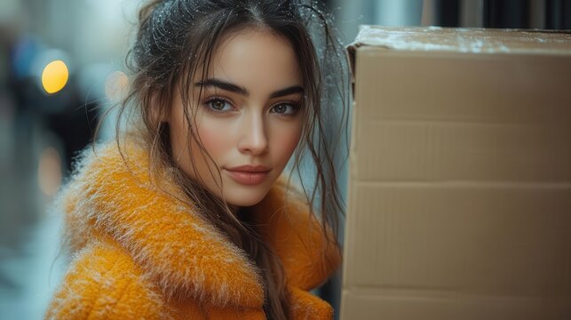 melancholic woman in vibrant orange coat gazing at cardboard box contrasting colors urban setting emotional storytelling soft focus background autumnal mood