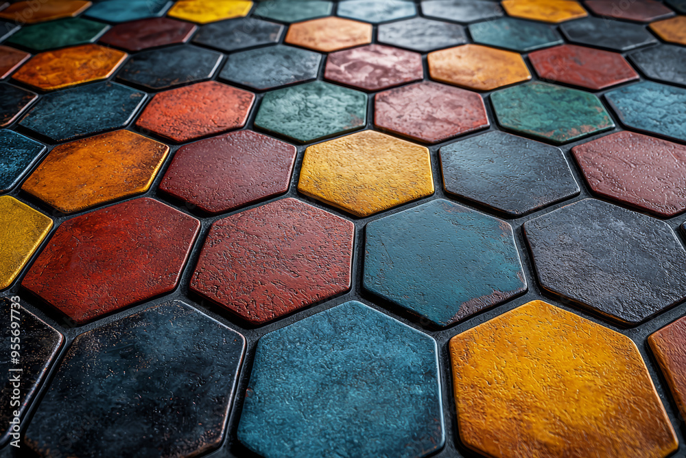 Poster a hexagonal tiling pattern with varying colors, highlighting the tiling ability of hexagons to cover