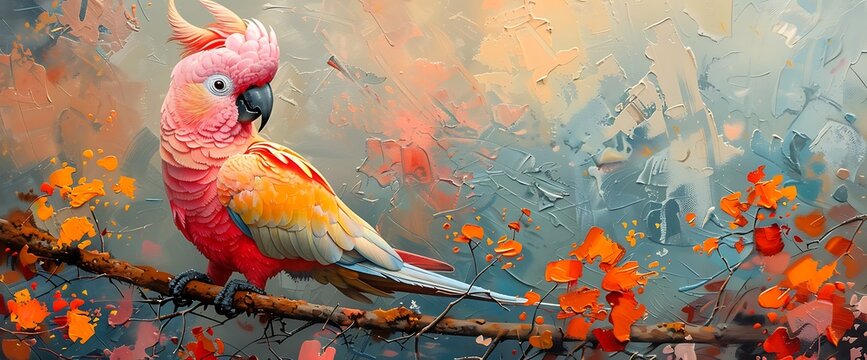 A vibrant pink and yellow cockatoo perches on a branch in a painted forest setting.