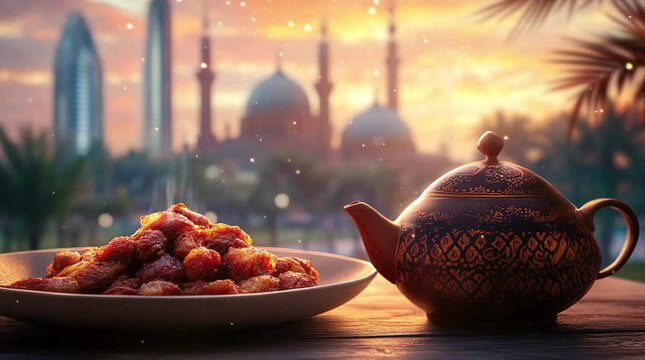 Dates and a traditional teapot elegantly placed on a table with a mosque backdrop at sunset
 seamless looping 4k time-lapse virtual video animation background. generated ai