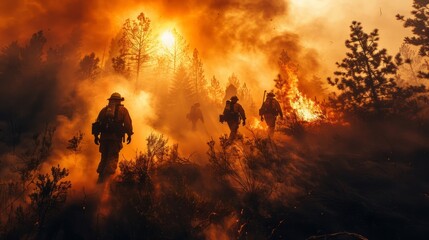 Fototapeta premium Silhouettes of firefighters move through smoke and flames as they battle a raging wildfire at sunset. Copy space
