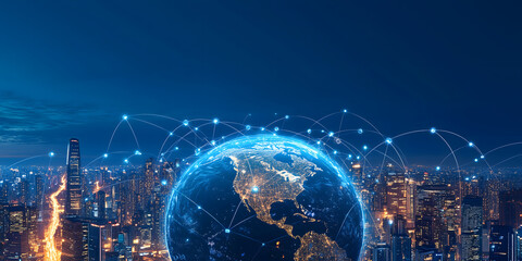 Digital art representation of the Earth with global network symbolizing global connectivity and technology's role Global and Connectivity Concept