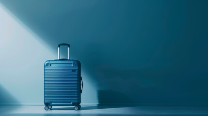 Obraz premium A blue suitcase is positioned against a wall in a softly illuminated room, casting a shadow as sunlight streams in, suggesting anticipation for upcoming travel
