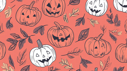 Seamless pattern with orange and white pumpkins with carved faces on a coral background.