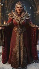 Naklejka premium regal dwarf female queen adorned in intricate red and gold armor standing in a snowy fortress