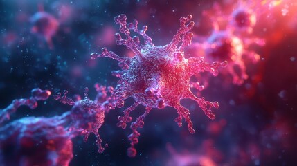 microscopic 3d render of virus cells vibrant red and blue color scheme intricate cellular structures dynamic composition suggesting scientific breakthrough