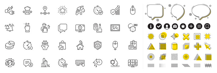 Set of Talk bubble, Home and Vip timer line icons for web app. Design elements, Social media icons. Waterproof, Charging time, Chat bubble icons. Vector