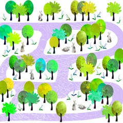 Illustration with a spring forest