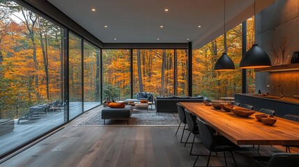 midcentury modern dining room with sustainable wood table statement lighting and large windows framing autumnal forest view