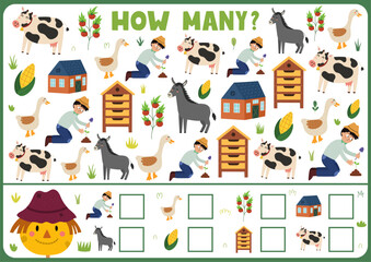 How many activity page for kids with cute farm animals. Count the number of cow, donkey, goose and more. Puzzle game for school and preschool. Vector illustration