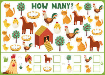 How many activity page for kids with cute farm animals. Count the number of horse, cat, rooster, chick and more. Puzzle game for school and preschool. Vector illustration