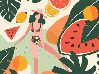 Naklejka premium A woman in a yellow bikini is laying on a bed of leaves and oranges. The woman is wearing sunglasses and a necklace. The image has a tropical vibe and is meant to evoke feelings of relaxation