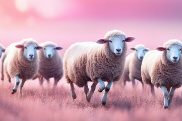 Obraz premium Pink sheep among a flock of white sheep. Sheep in a row on blue pink sky background. Portrait of a sheep on a pink blue background. A white sheep lies on a pink pasture against a background of blue 