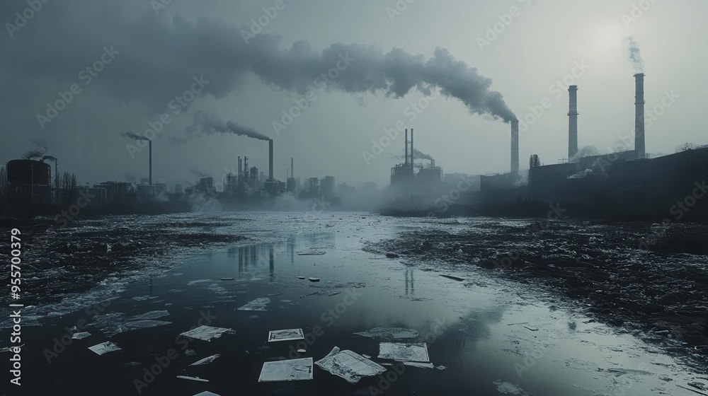 Poster A heavy layer of smog obscures a bustling metropolis, while factories loom and plastic waste floats on a polluted river. Generative AI