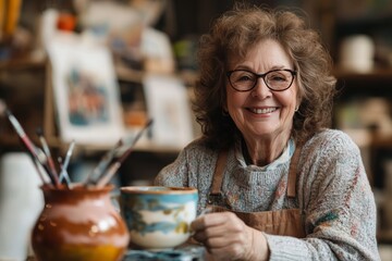 Joyful senior woman engaged in painting a cup at her studio as a retirement passion project
