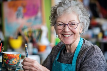 Joyful senior woman engaged in painting a cup at her studio as a retirement hobby and business