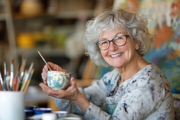 Joyful senior woman engaged in painting a cup at her studio as a retirement hobby and small business