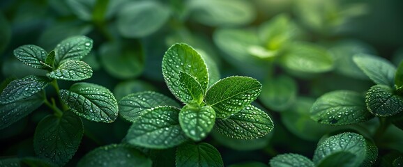 Close-up of fresh green mint leaves with dew drops.