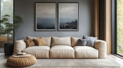 Serene Scandinavian Sanctuary: Modern Minimalist Living Room with Neutral Tones and Natural Light