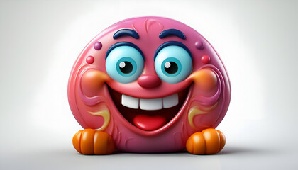 Colorful cartoon character with a big smile sits playfully against a light background, showcasing cheerful features and vibrant colors