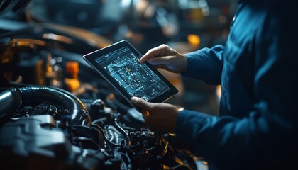 Mechanic examines vehicle engine with tablet for diagnostics and maintenance insights