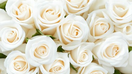 Floral background with white roses, top view. Beautiful white rose closeup. Macro rose on the table. White rose on a black background Panorama. Banner. Space for text and design