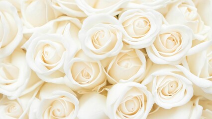 Obraz premium Floral background with white roses, top view. Beautiful white rose closeup. Macro rose on the table. White rose on a black background Panorama. Banner. Space for text and design