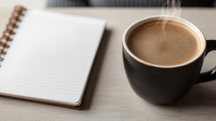 A steaming cup of coffee with a planner on the table, Monday morning, productivity and planning