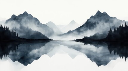 minimalist japanese landscape bold black ink strokes depict serene lake and mountains negative space creates atmospheric depth zeninspired composition with delicate balance of elements