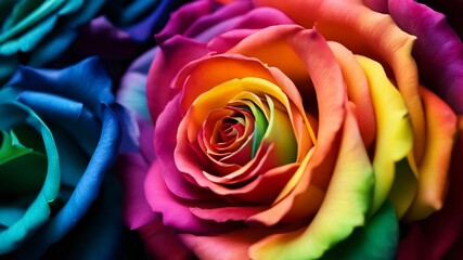 Obraz premium Floral background with rainbow colored roses top view. Beautiful rainbow colored rose close up. Macro rose on the table. Colorful rainbow rose with petals. Panorama. Banner. Space for text and design