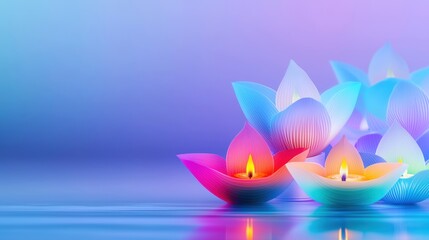 Elegant, multicolored lotus-shaped candles with glowing flames float on a serene water surface, capturing the essence of Diwali, festival of lights. Ideal for themes of spirituality and celebration.