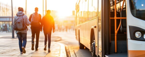 People boarding a bus with morning sunlight, Monday morning, commuting and routine