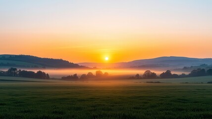 Scenic countryside with mist and sunrise, Monday morning, calm and refreshing