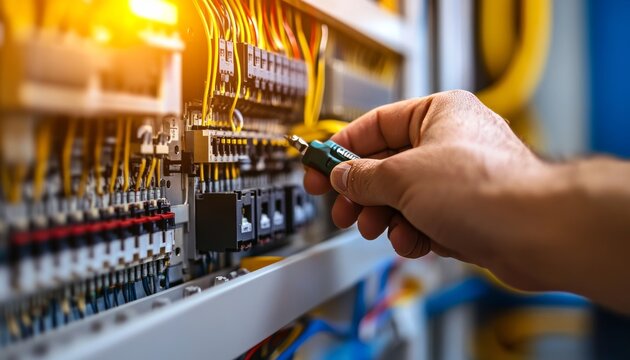 Close up of engineer measuring voltage at circuit breaker in main power distribution board