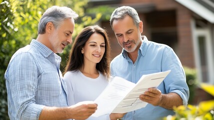 Couple discussing important documents with an older man in a sunny garden during a relaxed afternoon